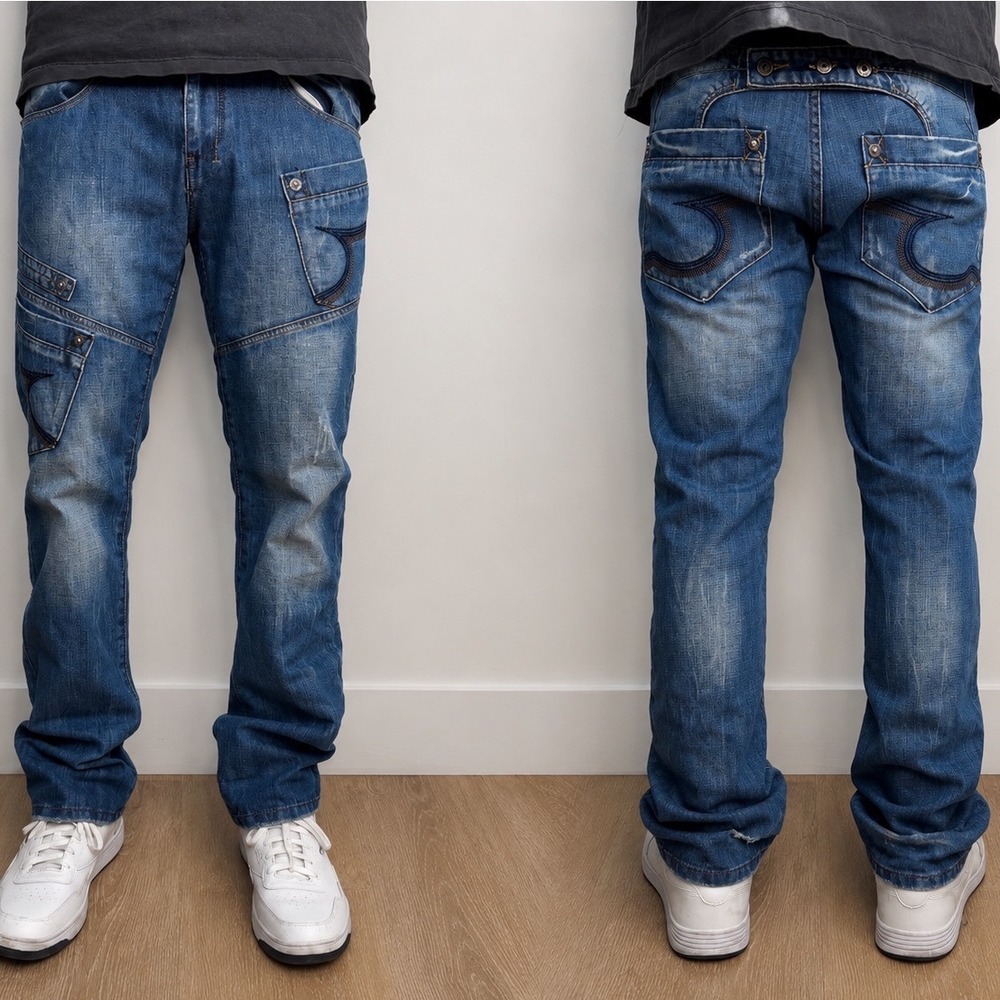 Euro Denim Jeans Distressed Blue Denim Straight Leg Medium Wash Sz 33